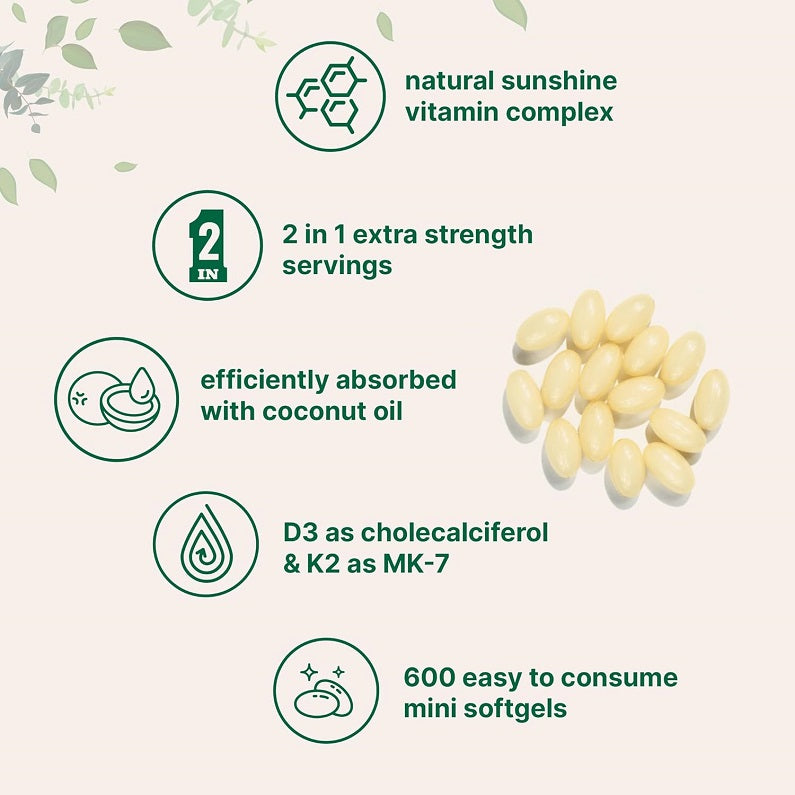 Vitamin D3 and K2 mini softgels, pale yellow capsules