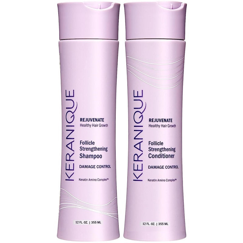 Keranique lilac follicle strengthening shampoo and conditioner bottles, 12 fl oz each
