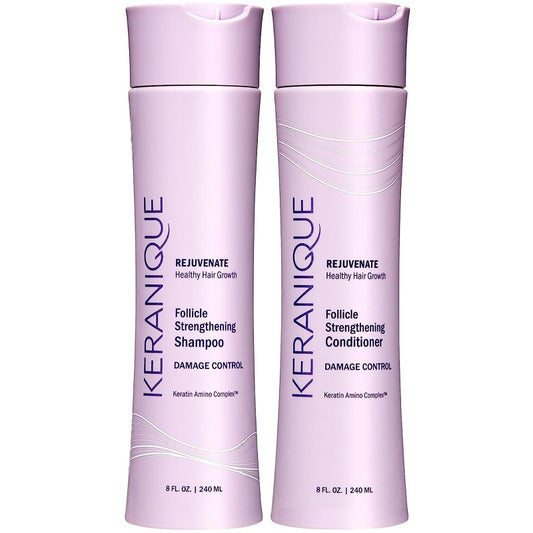 Keranique lilac follicle strengthening shampoo and conditioner bottles, 8 fl oz each