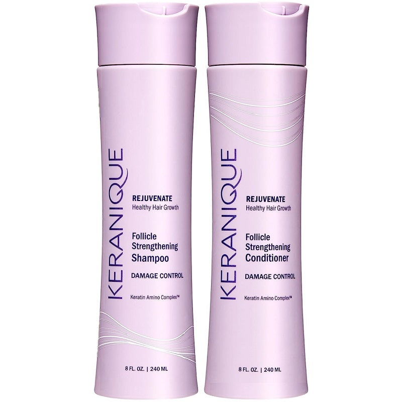 Keranique lilac follicle strengthening shampoo and conditioner bottles, 8 fl oz each