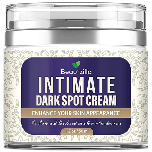 Beautzilla Intimate dark spot cream jar with white cap and purple label
