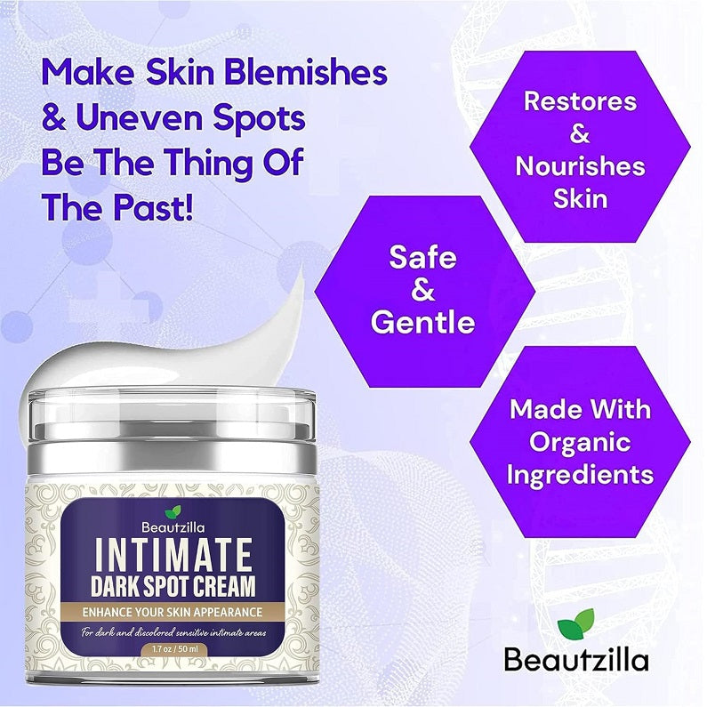 Beautzilla Intimate dark spot cream jar with white cap and purple label