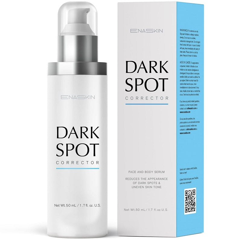 EnaSkin Dark Spot Corrector serum bottle with matching box packaging and side label