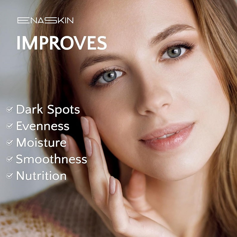 Woman applying skincare serum near cheek, smiling, with dark spot benefit icons
