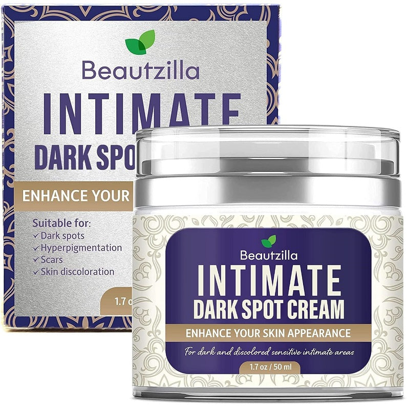 Beautzilla Intimate dark spot cream jar with white cap and purple front label
