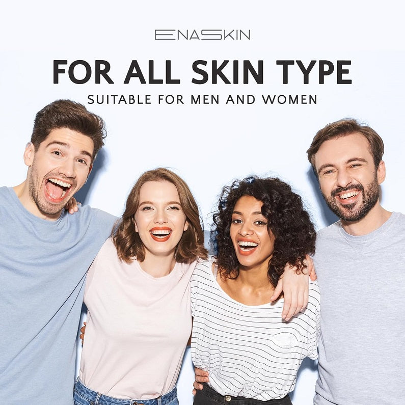EnaSkin skincare campaign showing diverse people cheering with product suitability text