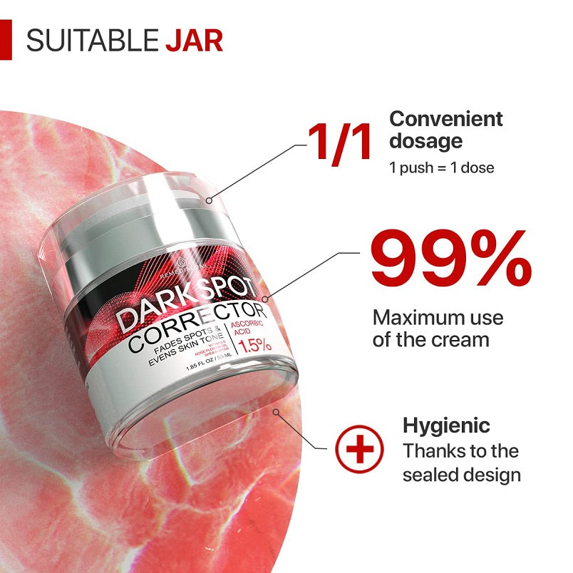 Dark spot corrector jar with dosage diagram and sealed design note, 99% maximum use claim