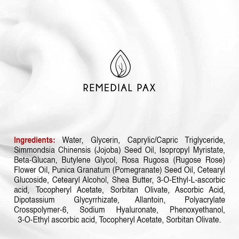 Remedial Pax dark spot corrector ingredient list including hyaluronic acid and ascorbic acid