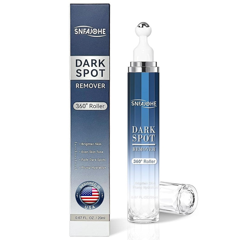 Dark spot remover roller bottle with matching product box, blue glass-like container