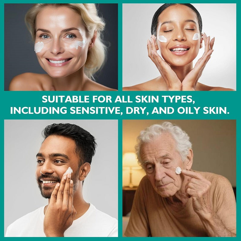 Skincare cream for face application, four people smiling with cream dots