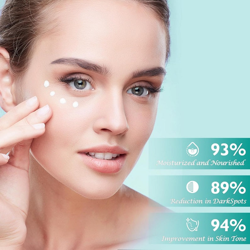 Skincare cream application on face, smiling woman with dots on cheeks