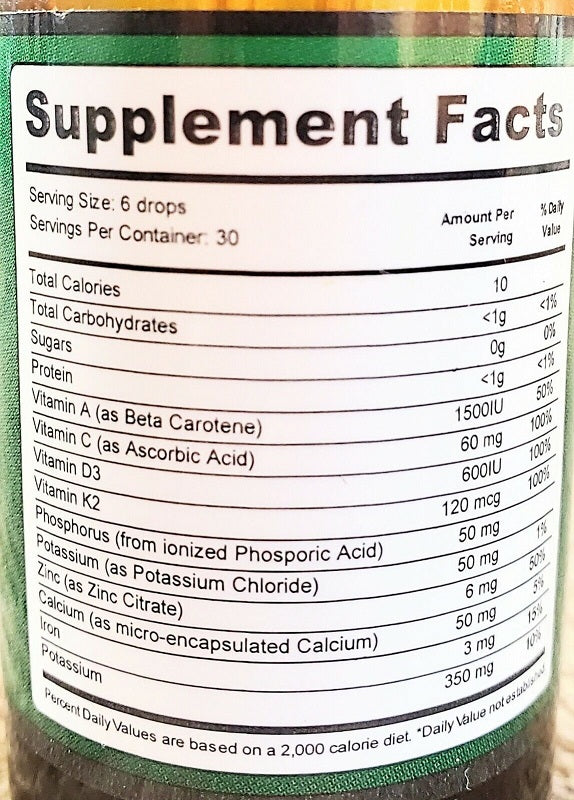 Supplement Facts label for Dentitox Pro gums & teeth drops