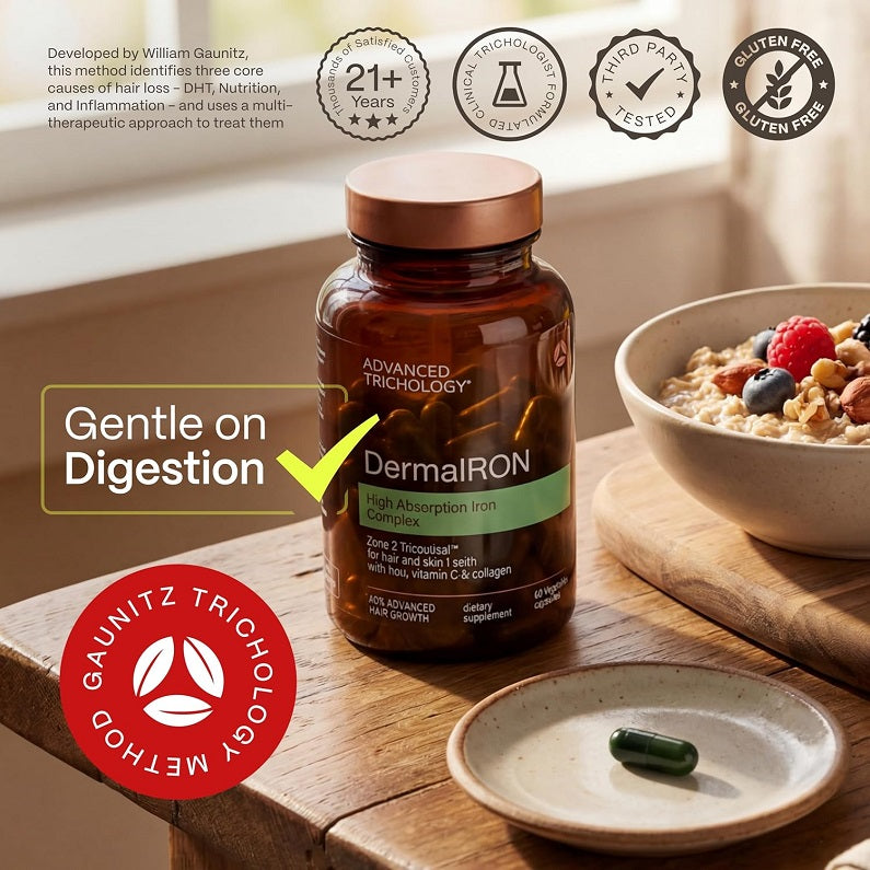 Amber supplement bottle with copper cap, green label, one capsule on dish beside it.