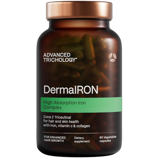 Front view amber DermalIRON iron complex supplement bottle with copper lid.