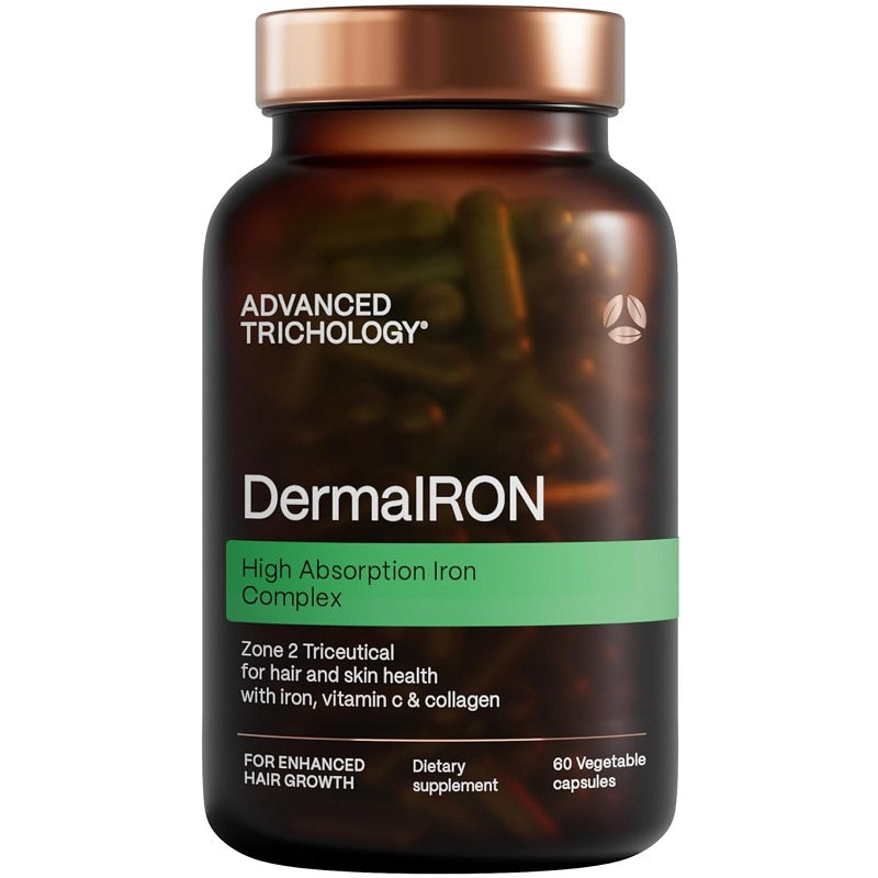Front view amber DermalIRON iron complex supplement bottle with copper lid.