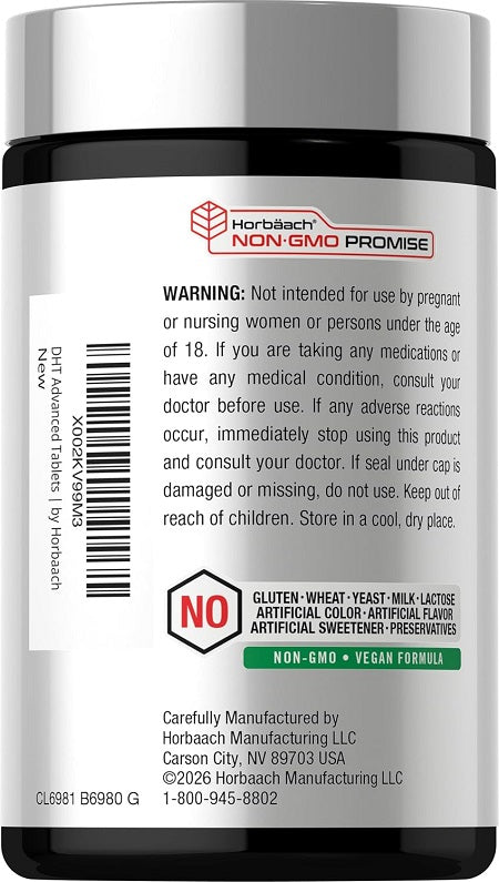 Horbaach DHT Blocker bottle back label with warnings and ingredients symbols