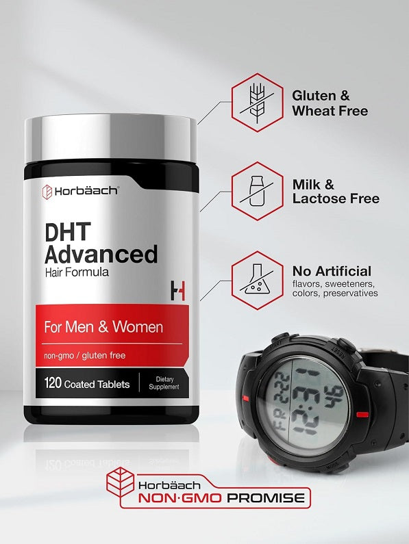 Horbaach DHT Advanced Hair Formula supplement bottle with gluten-free and lactose-free icons