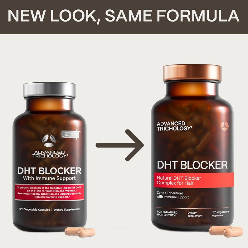 Two Advanced Trichology DHT Blocker bottles showing new and old look packaging