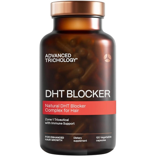 Advanced Trichology DHT Blocker dietary supplement bottle, copper cap and red label