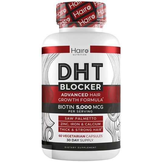 DHT blocker advanced hair growth formula supplement bottle, white and red label