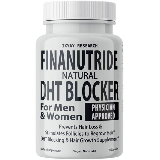 Natural DHT blocker supplement bottle: IXYAY Research FINANUTRIDE for men & women
