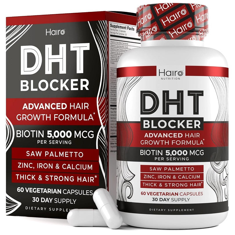 Two DHT blocker supplement bottles with advanced hair growth formula front labels