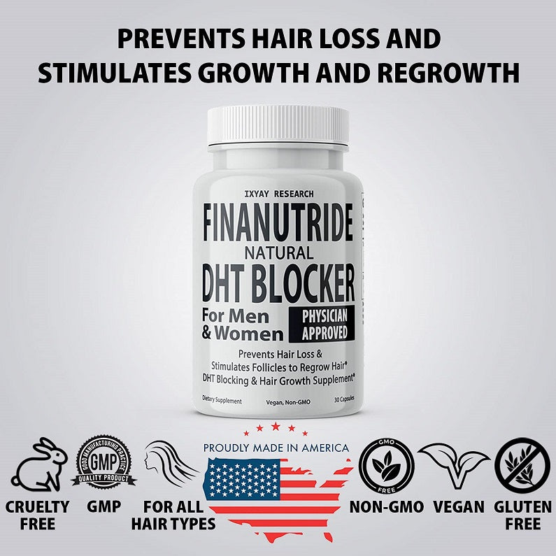 FINANUTRIDE natural DHT blocker bottle with non-GMO vegan and made in America badges