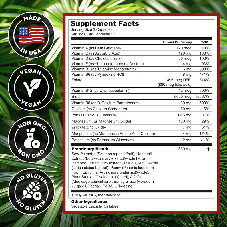 Supplement facts label for DHT blocker capsules with vegan and non-GMO badges