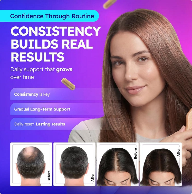 Hair support supplement banner with woman portrait and before-after hair results