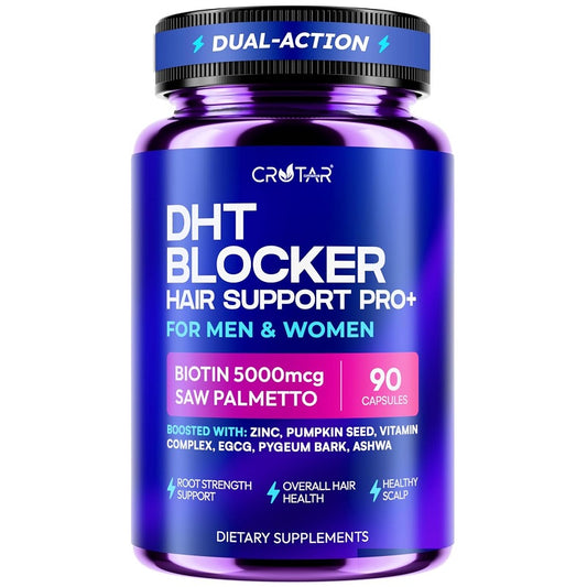 Dark blue DHT blocker hair support supplement bottle with black cap, 90 capsules