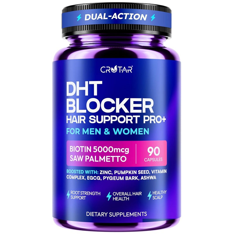 Dark blue DHT blocker hair support supplement bottle with black cap, 90 capsules
