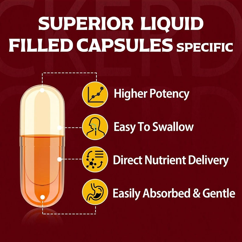 Liquid-filled capsule supplement with higher potency and easy-to-swallow icons
