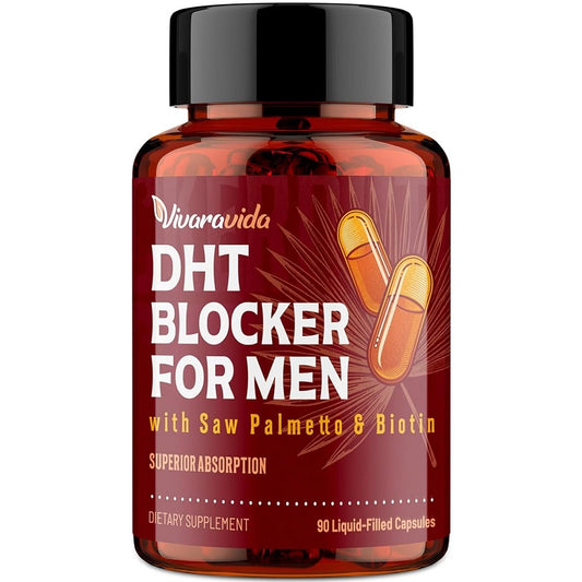 Vivaravida DHT blocker supplement for men in amber bottle with black cap