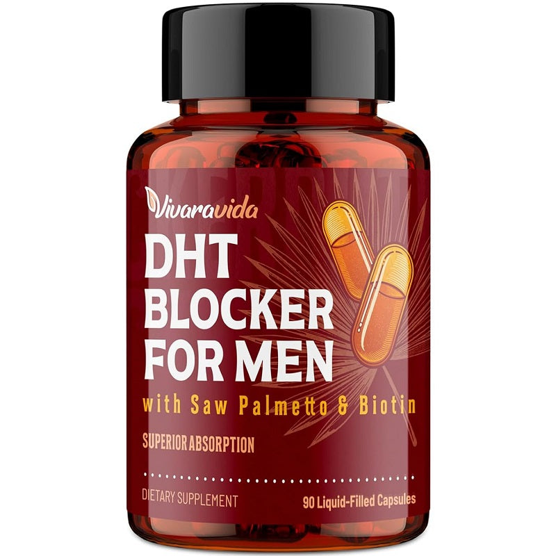 Vivaravida DHT blocker supplement for men in amber bottle with black cap