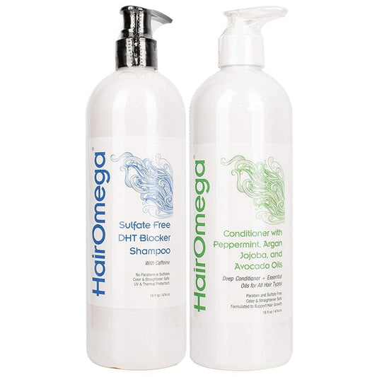 Two white pump bottles: DHT Blocker shampoo and oil conditioner with peppermint, argan, avocado