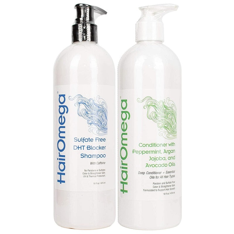 Two white pump bottles: DHT Blocker shampoo and oil conditioner with peppermint, argan, avocado