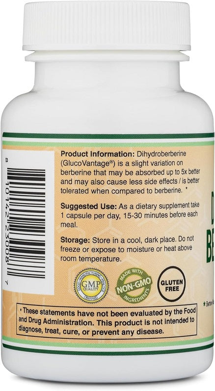 Double Wood Dihydro Berberine bottle back label with Non-GMO and gluten-free info