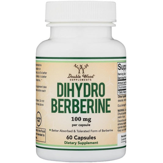 Double Wood Dihydro Berberine supplement bottle, 100 mg per capsule, 60 capsules
