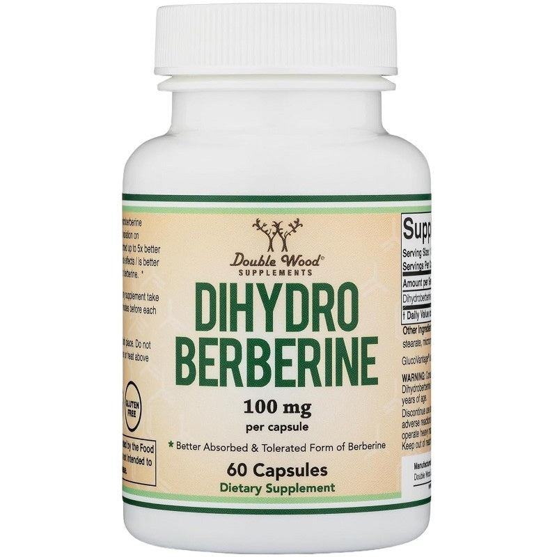 Double Wood Dihydro Berberine supplement bottle, 100 mg per capsule, 60 capsules