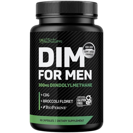 SMNutrition DIM for Men supplement bottle, 300mg diindolylmethane, 60 capsules