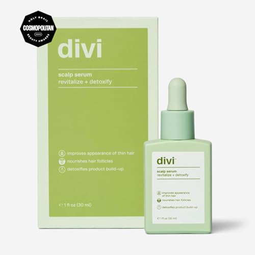 divi scalp serum bottle with matching box, mint-green glass vial