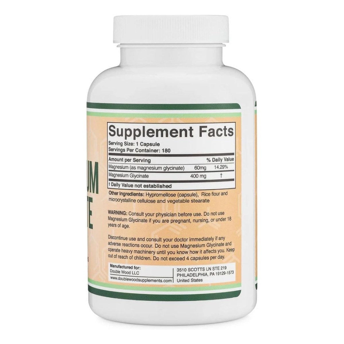 Magnesium glycinate supplement bottle with Supplement Facts label, white plastic cap