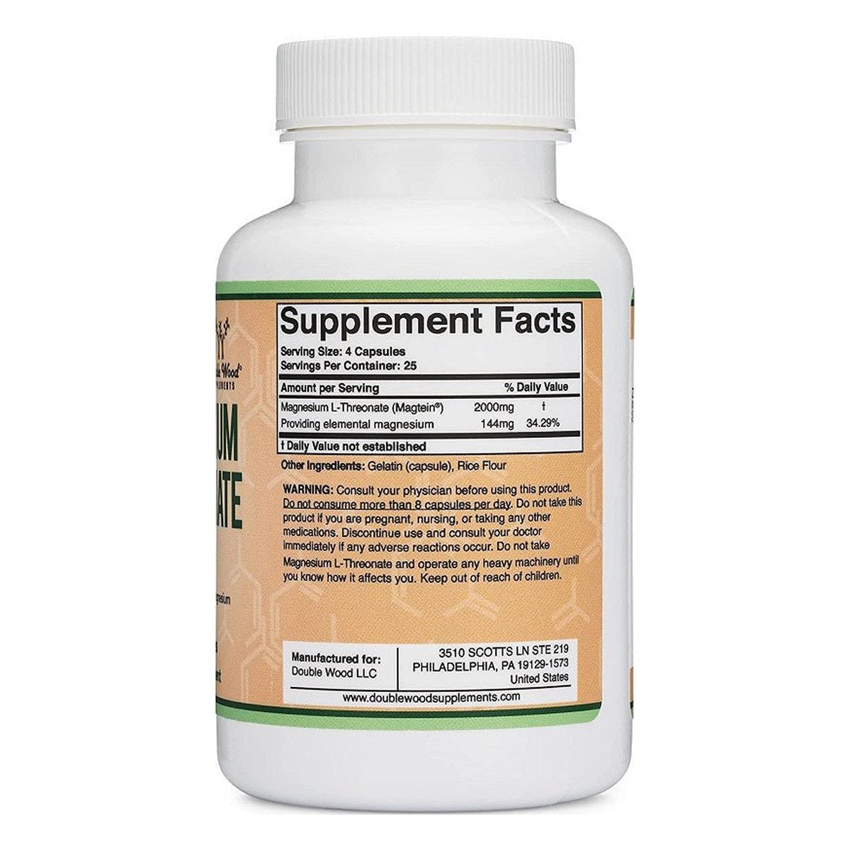 Magnesium L-threonate dietary supplement bottle with white cap and back label