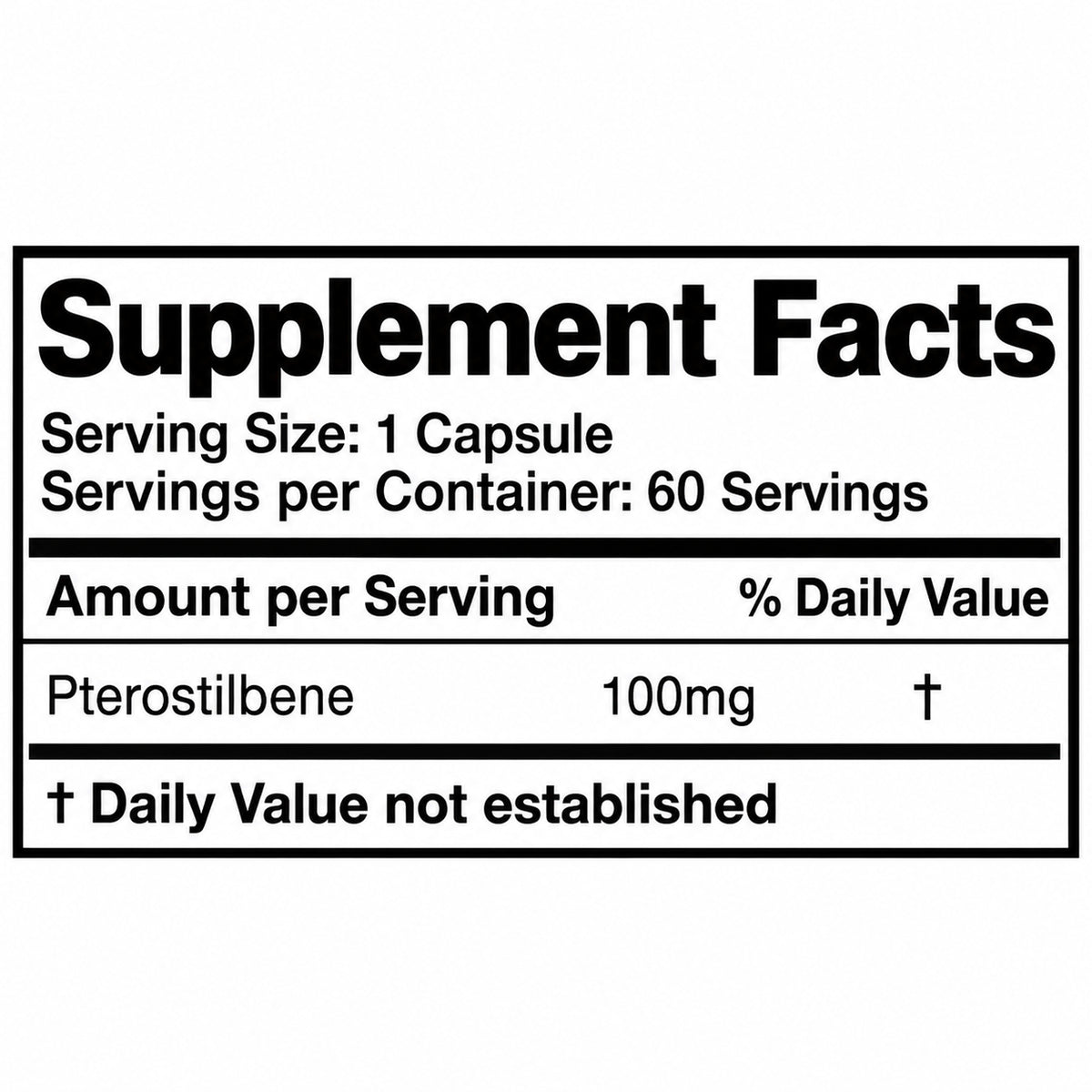 Pterostilbene supplement facts panel showing 100mg per capsule, 60 servings