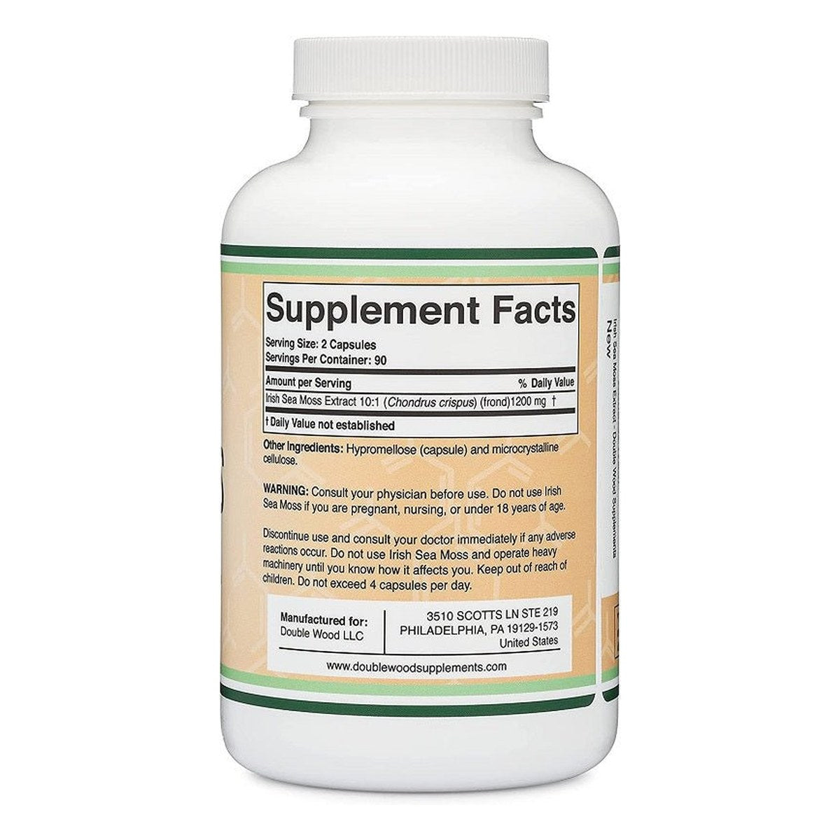 Double Wood sea moss supplement bottle with Supplement Facts label, 1200mg