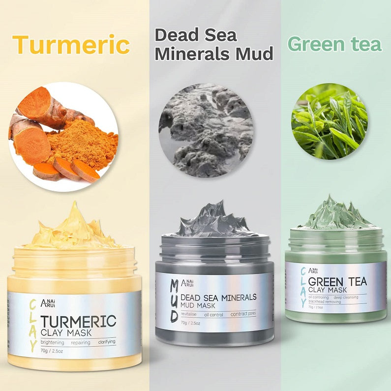 Clay mask set with ingredient circles and jars for turmeric, dead sea minerals, and green tea