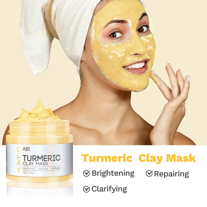 Turmeric clay mask jar with woman wearing a yellow mask and face towel