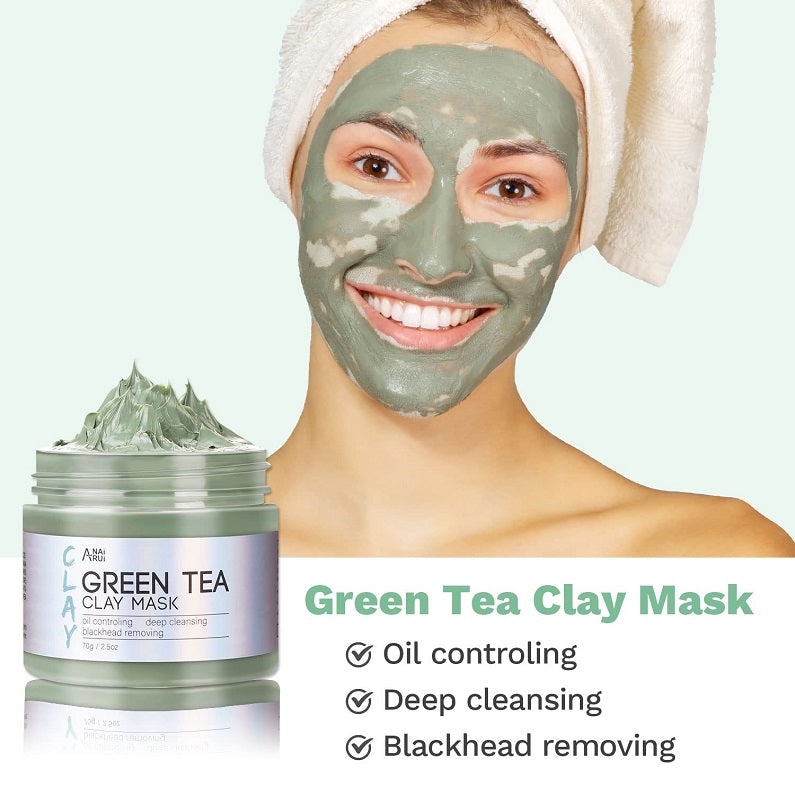 Green tea clay mask jar with woman wearing a green mask and face towel