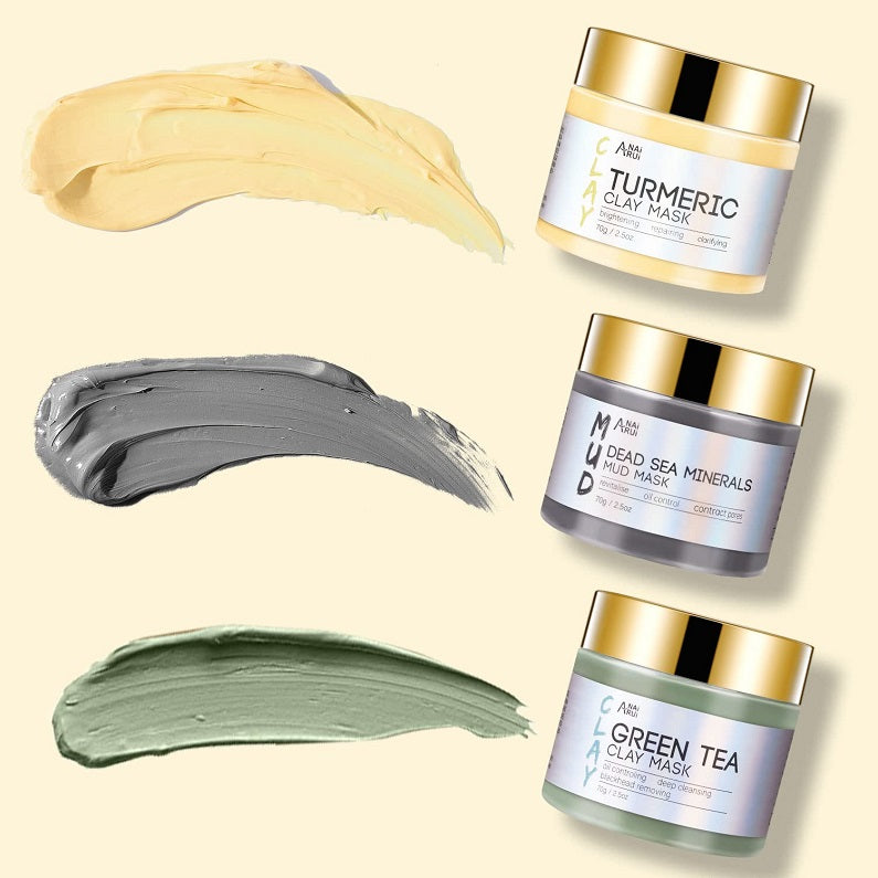 Clay mask jars with swatch textures in pale yellow, gray, and green tones