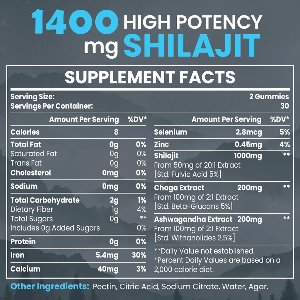 Shilajit and ashwagandha gummy supplement facts panel with nutrients and servings